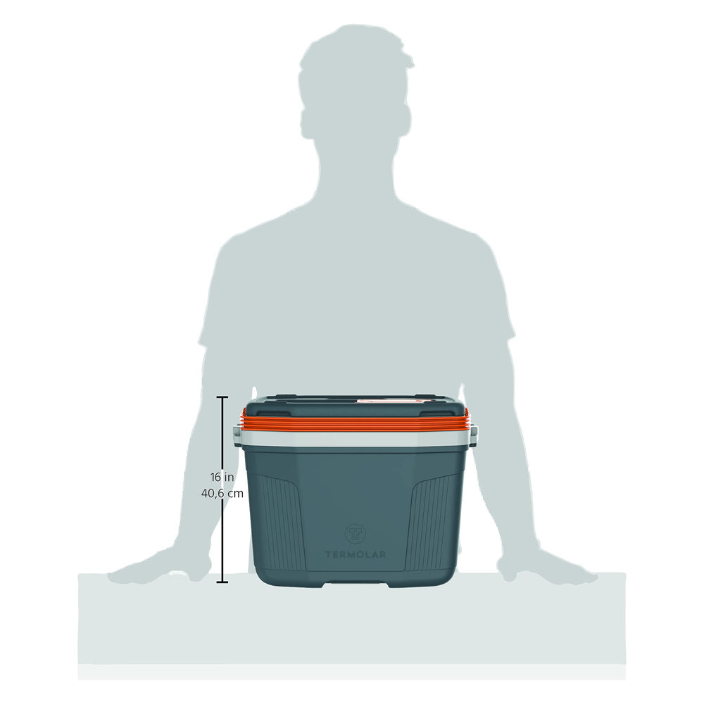 Termolar SUV cooler cup holder on lid keeps drinks handy.