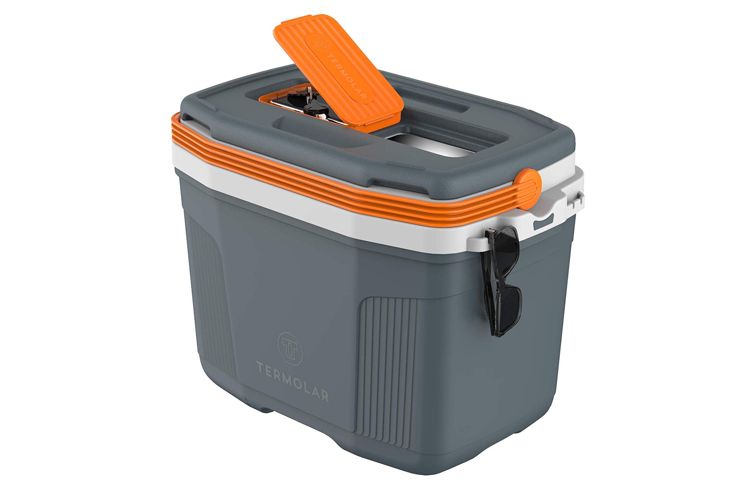 Termolar SUV cooler lid-open one-hand shows easy access to belongings.