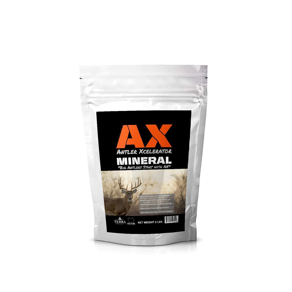 Terra Products Co. AX Deer Mineral bottle promotes balanced nutrition for deer.