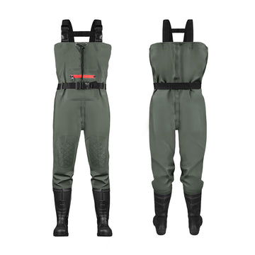TerraTrax fishing chest waders — front view with adjustable H-back suspenders
