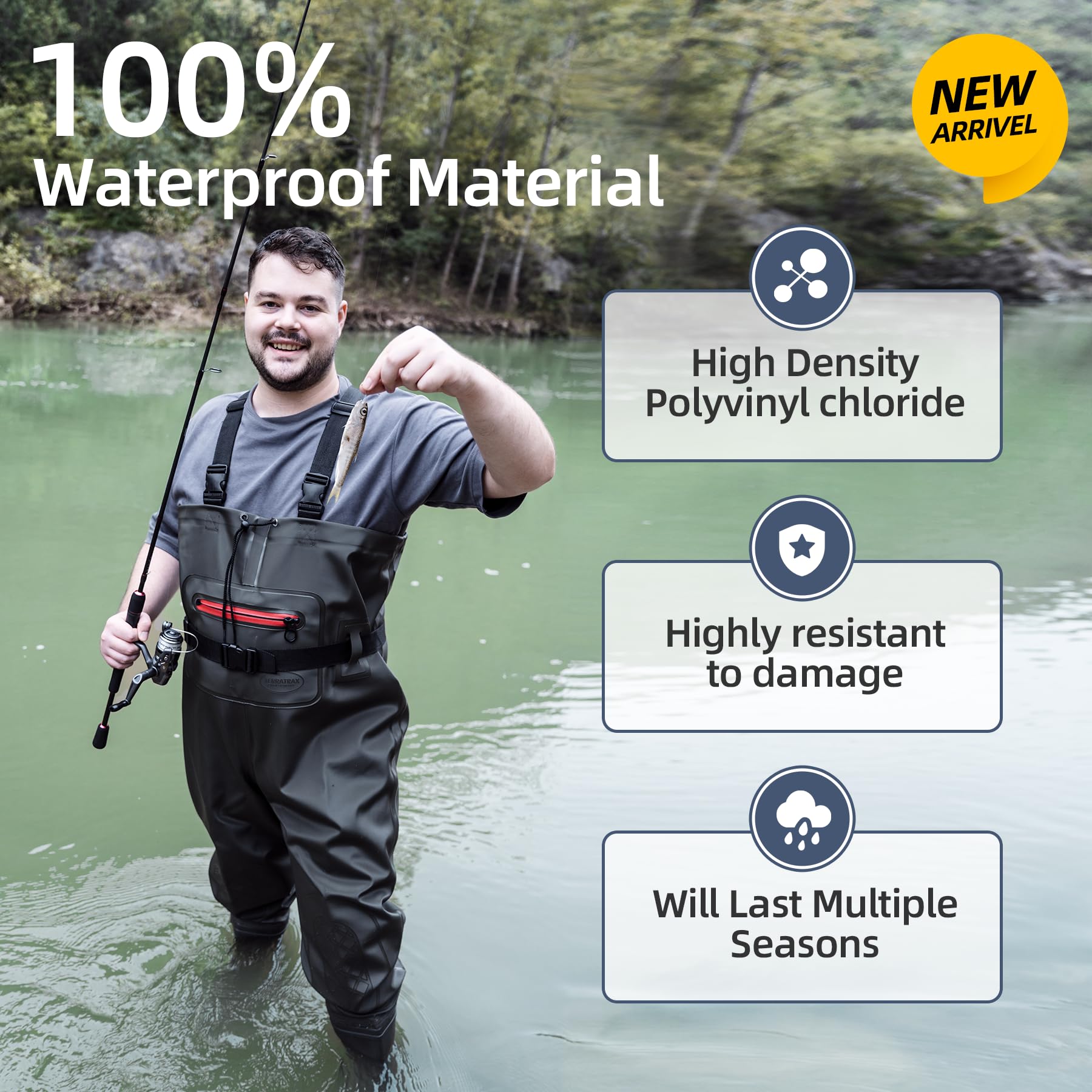 TerraTrax waders — side view showing adjustable suspenders and quick-release buckles