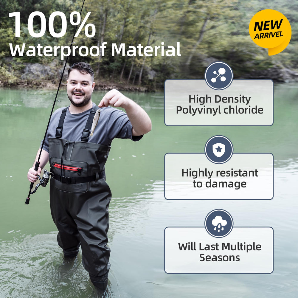 TerraTrax waders — side view showing adjustable suspenders and quick-release buckles