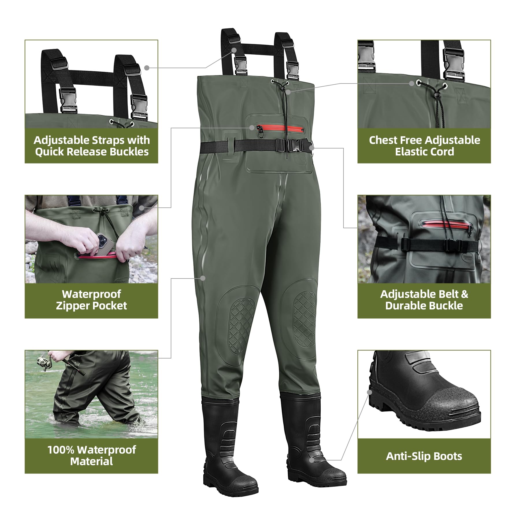 TerraTrax waterproof PVC bootfoot waders — anti-slip boots