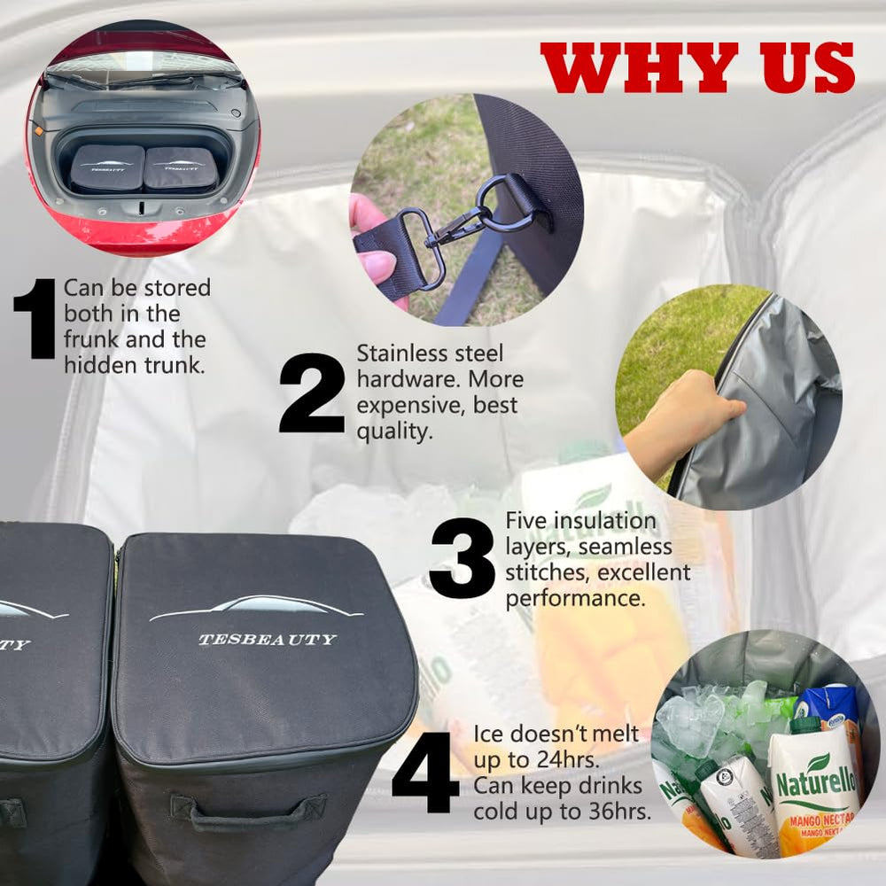 TESBEAUTY frunk organizer with two bags for Tesla cargo organization.