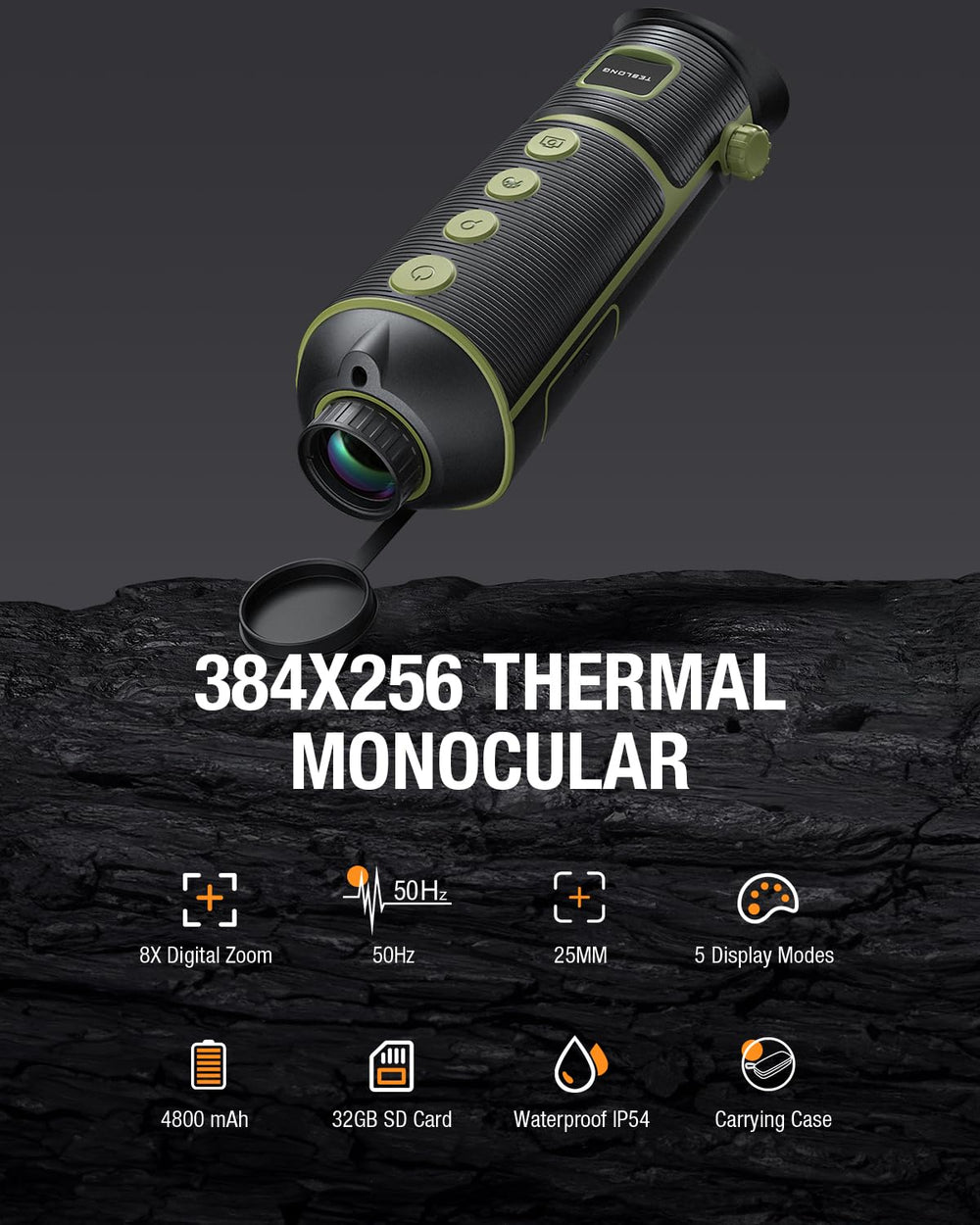 Teslong thermal monocular handheld use highlighting rugged outdoor observation