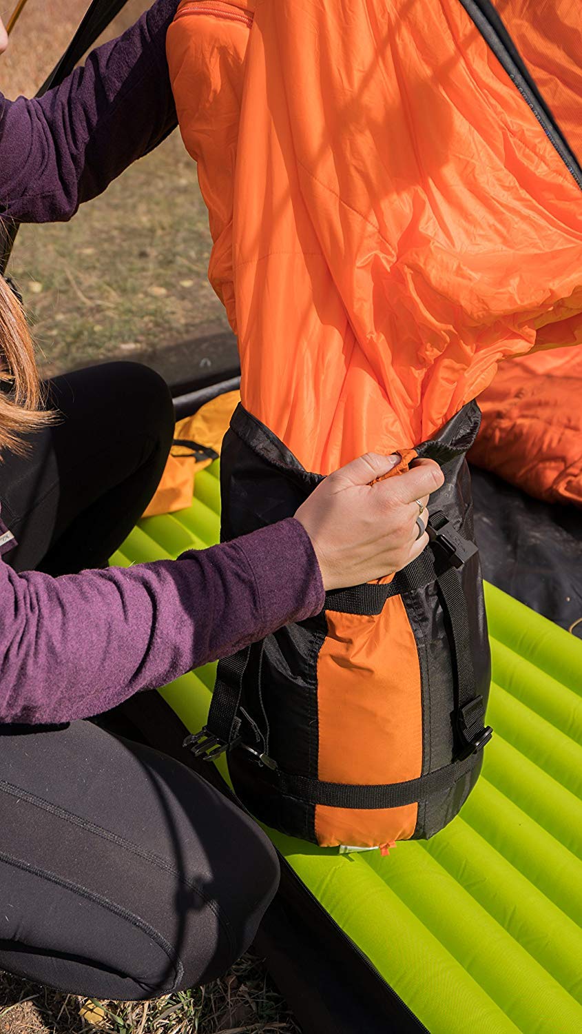 Sturdy compression sack shown with the Altos-S for compact packing.