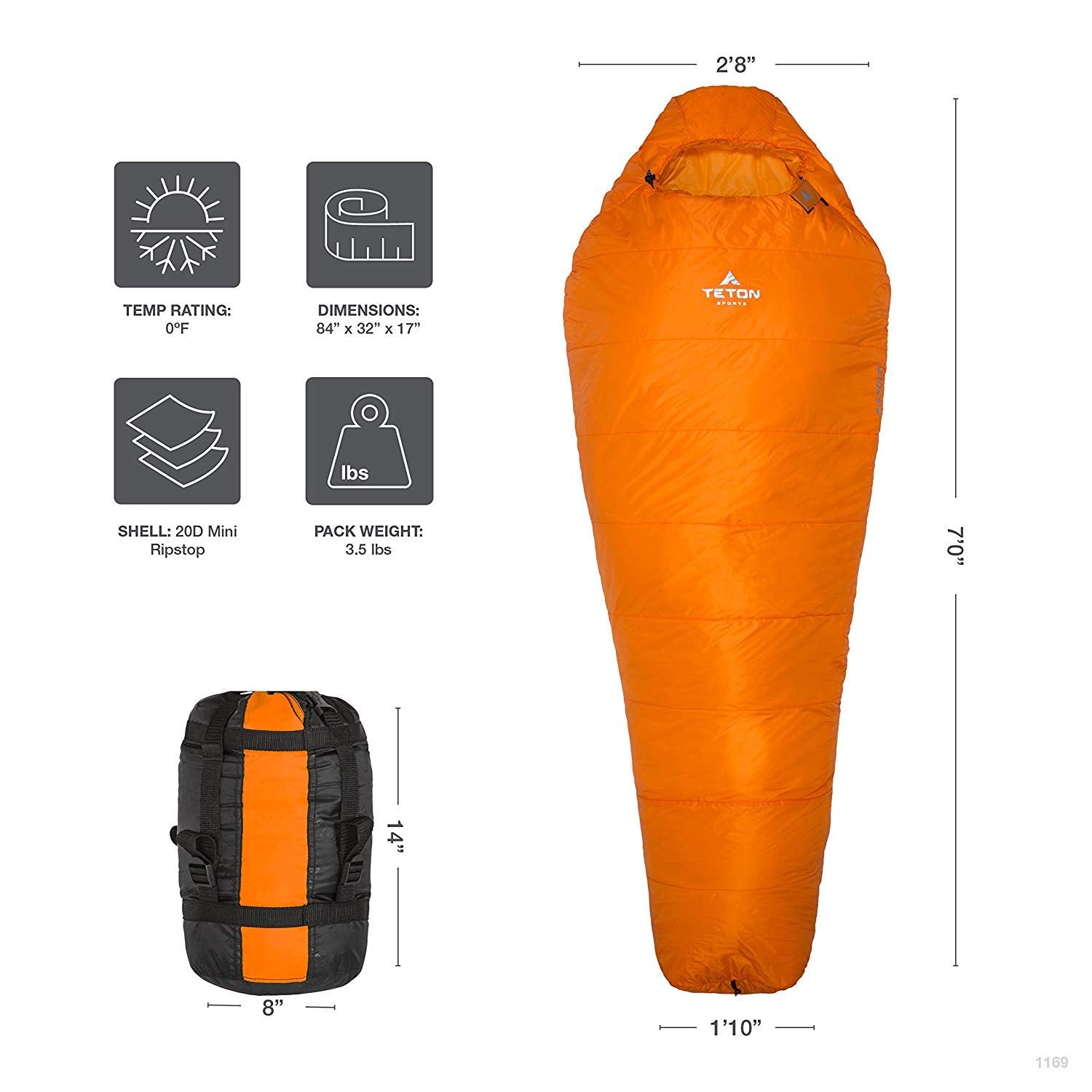 Front view of the Teton Altos-S sleeping bag in mummy shape.