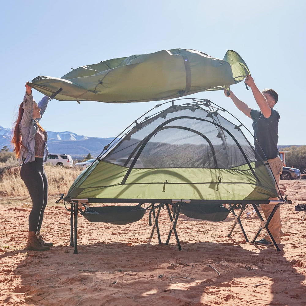TETON canvas camp pad pairs with cot for a tailored sleeping surface.