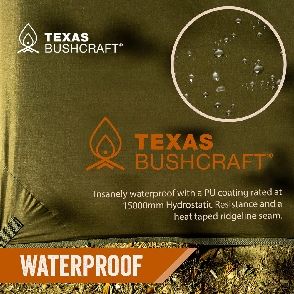 Texas Bushcraft tarp features 14 side loops and 5 ridgelines for flexible setups.