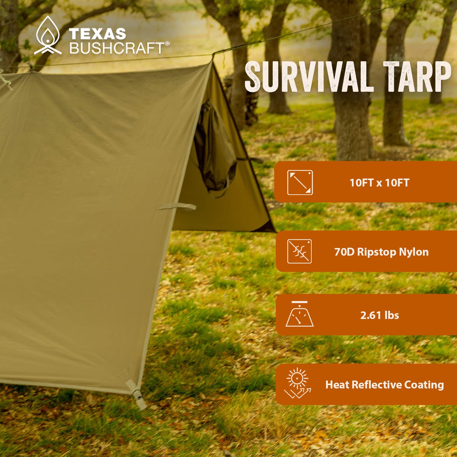 Texas Bushcraft tarp aluminized polymer layer reflects heat for cooler shelter.