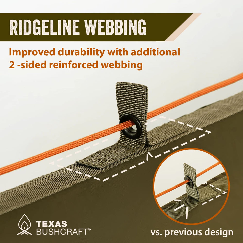 Texas Bushcraft tarp brass grommets and reinforced seams secure stakes.