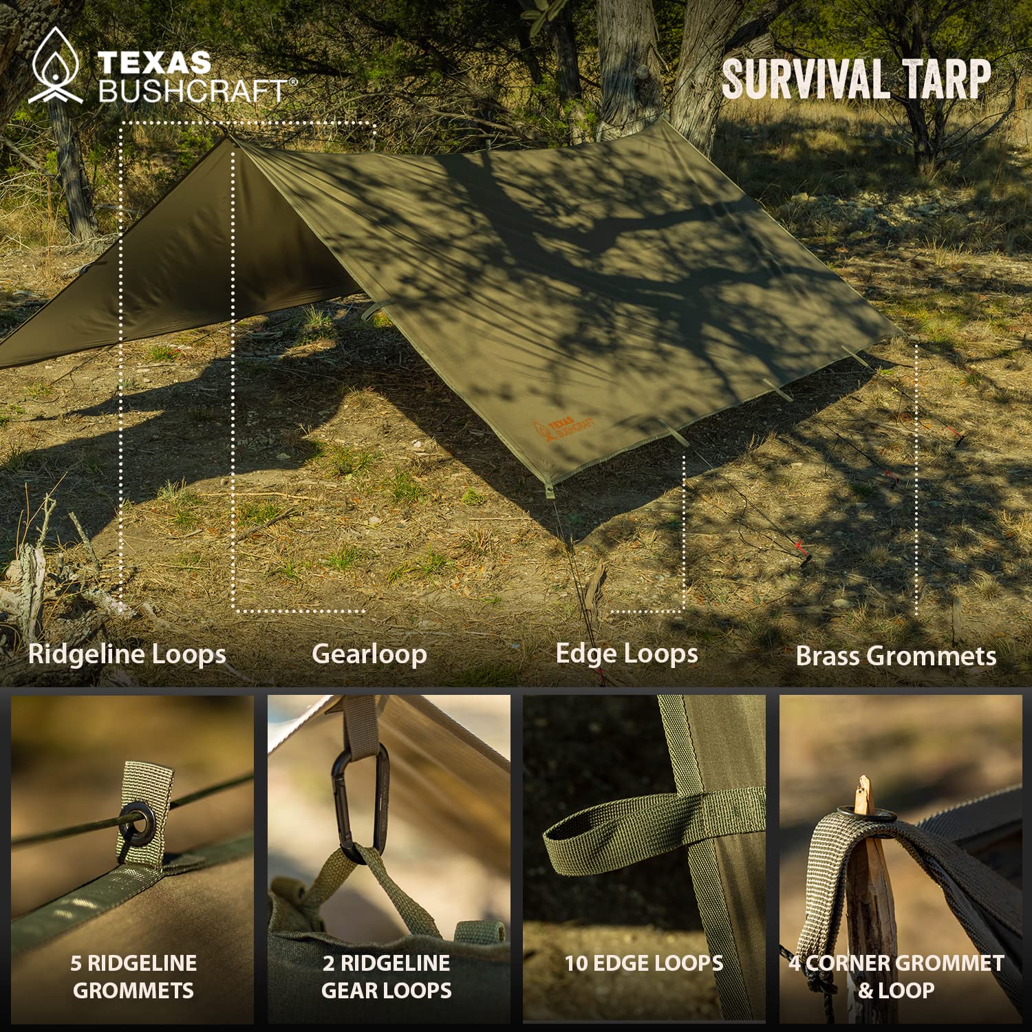 Texas Bushcraft tarp center hanging loops help organize gear.