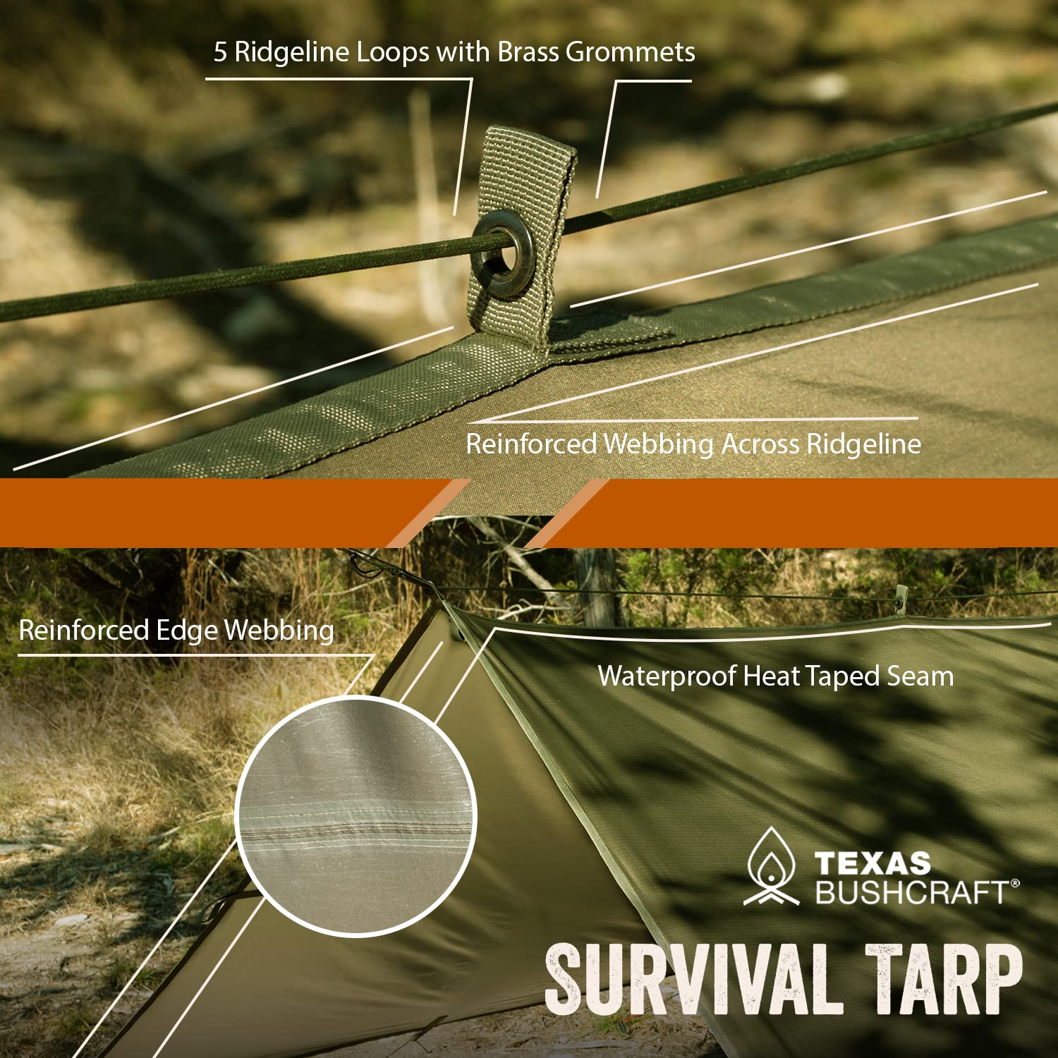 Texas Bushcraft tarp reflective surface supports warmth in emergencies.