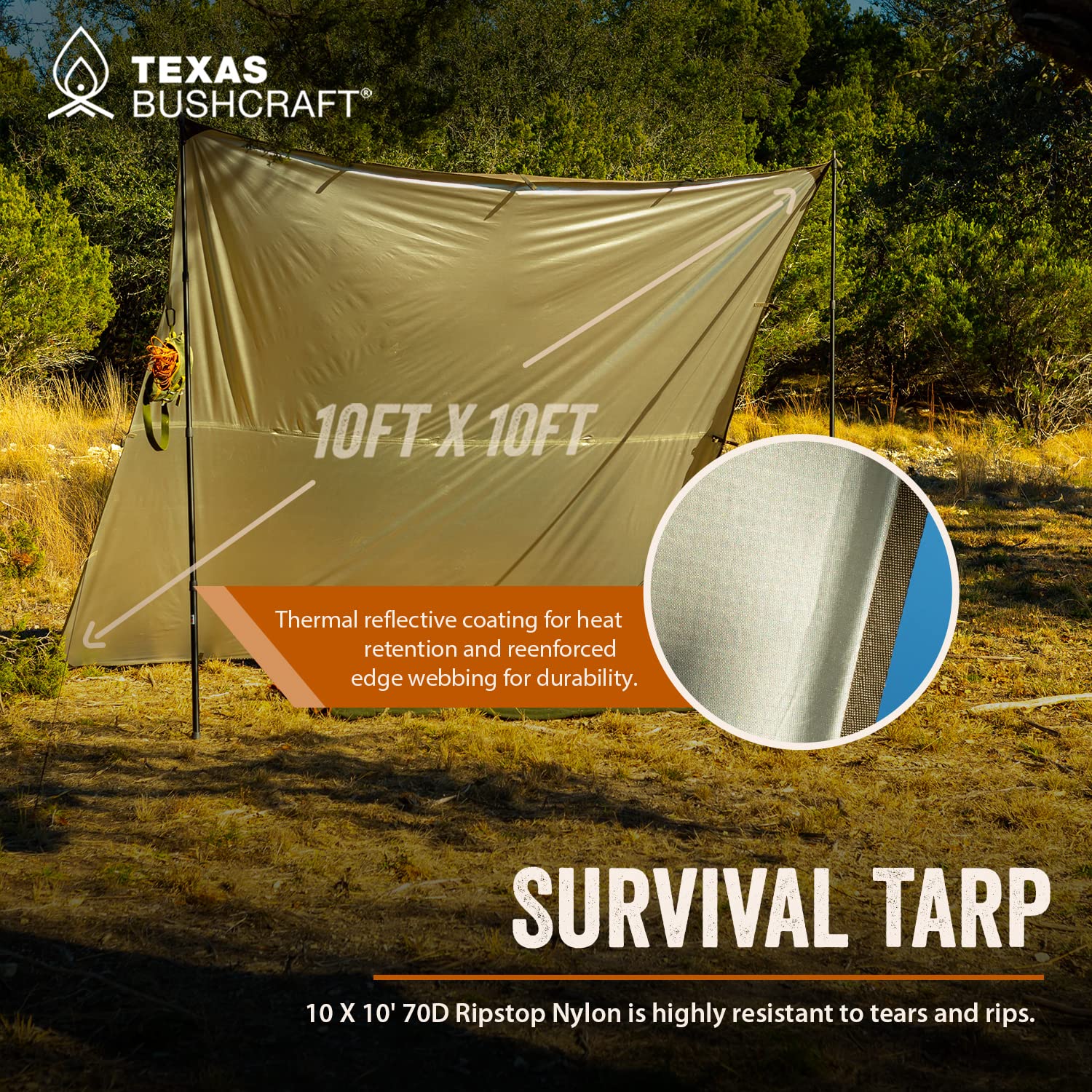 Texas Bushcraft emergency tarp 70D nylon close-up demonstrates durable construction.