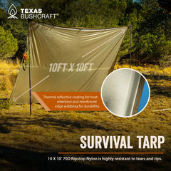 Texas Bushcraft emergency tarp 70D nylon close-up demonstrates durable construction.