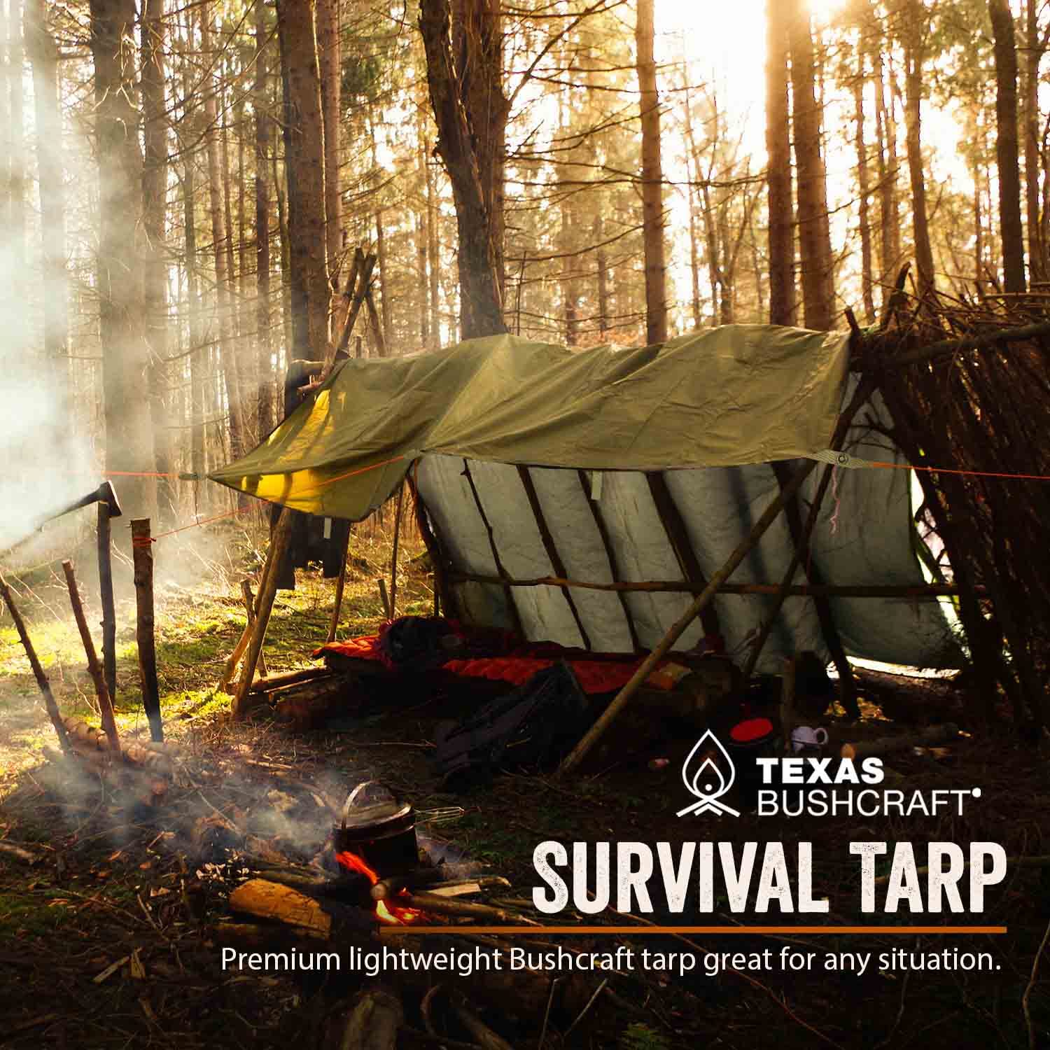 Texas Bushcraft tarp with waterproof seams shows rugged outdoor performance.