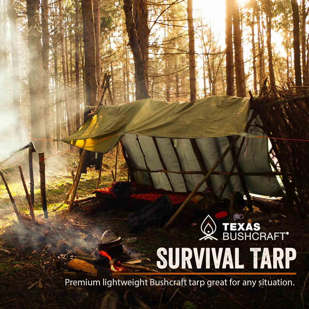 Texas Bushcraft tarp with waterproof seams shows rugged outdoor performance.