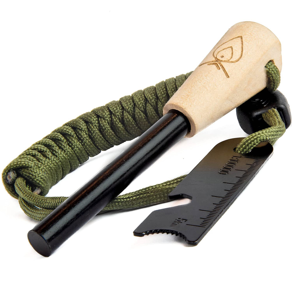 Texas Bushcraft Fire Starter shown with a 3/8-inch ferro rod for quick ignition.