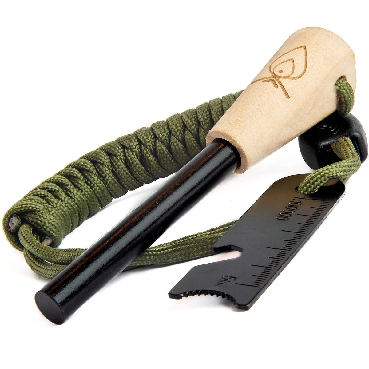 Texas Bushcraft Fire Starter shown with a 3/8-inch ferro rod for quick ignition.