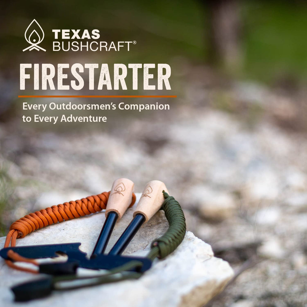 Texas Bushcraft ferro rod sparks close-up for reliable tinder ignition.