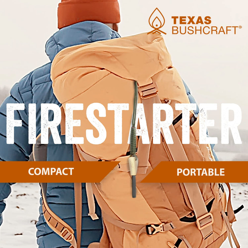 Paracord wrist lanyard on Texas Bushcraft starter for easy accessibility.