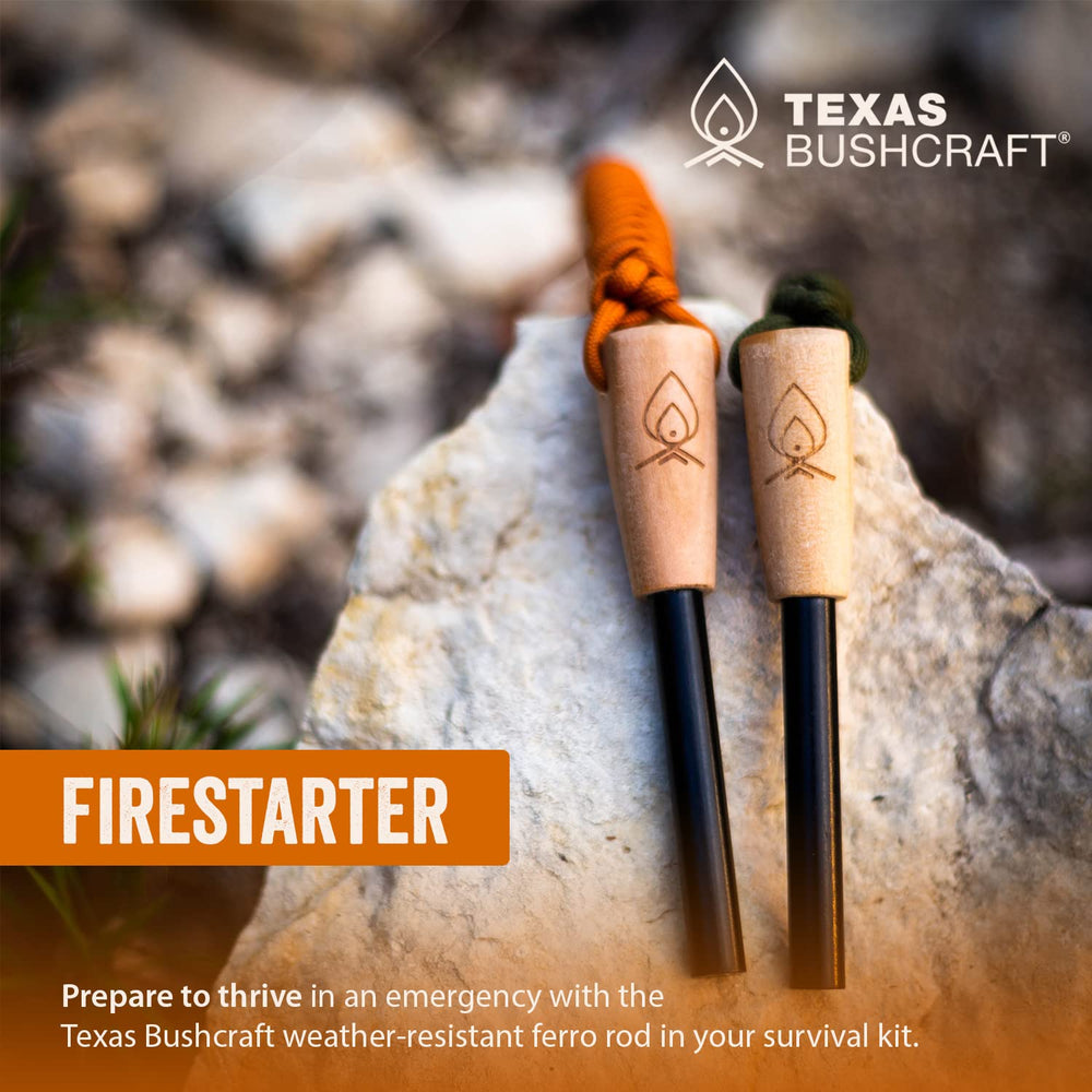 Weatherproof build keeps Texas Bushcraft starter ready in damp conditions.