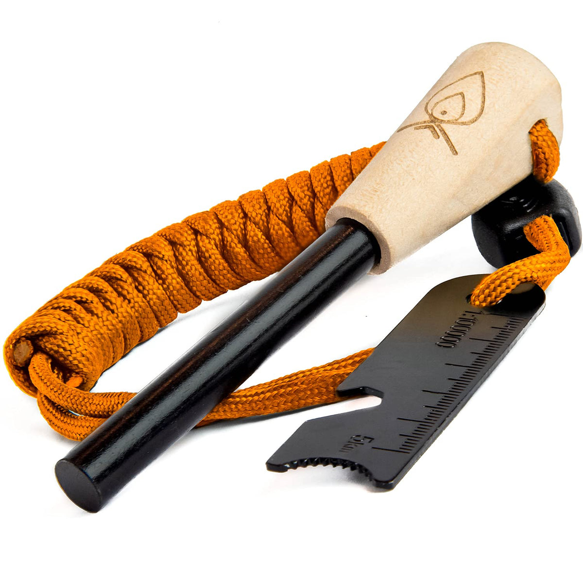 Texas Bushcraft fire starter with wood handle close-up showing grip for ignition.