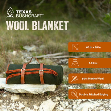Texas Bushcraft merino blanket double-stitched-edging ensures durability during rugged trips.