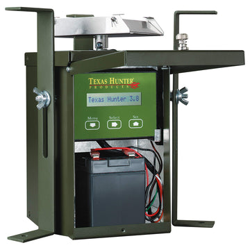 Texas Hunter TH70 feeder battery compartment highlights easy access for off-grid operation.