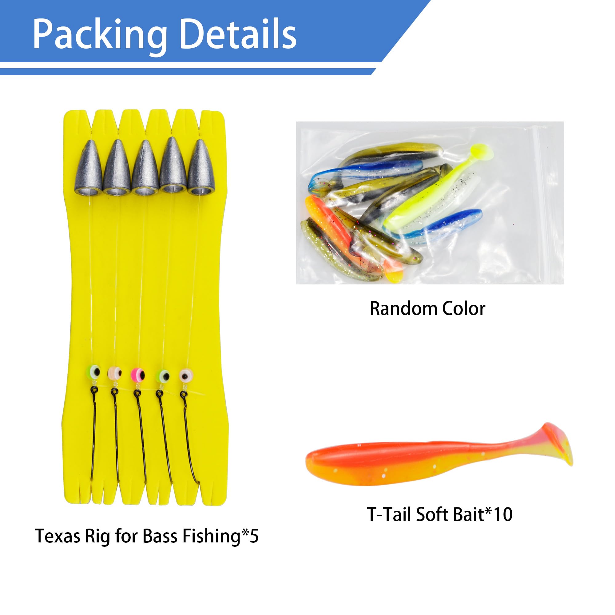 Packaged Texas rig fishing kit showing 5 rigs and 10 lures