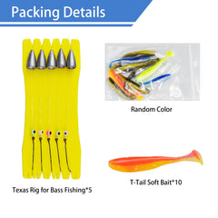 Packaged Texas rig fishing kit showing 5 rigs and 10 lures