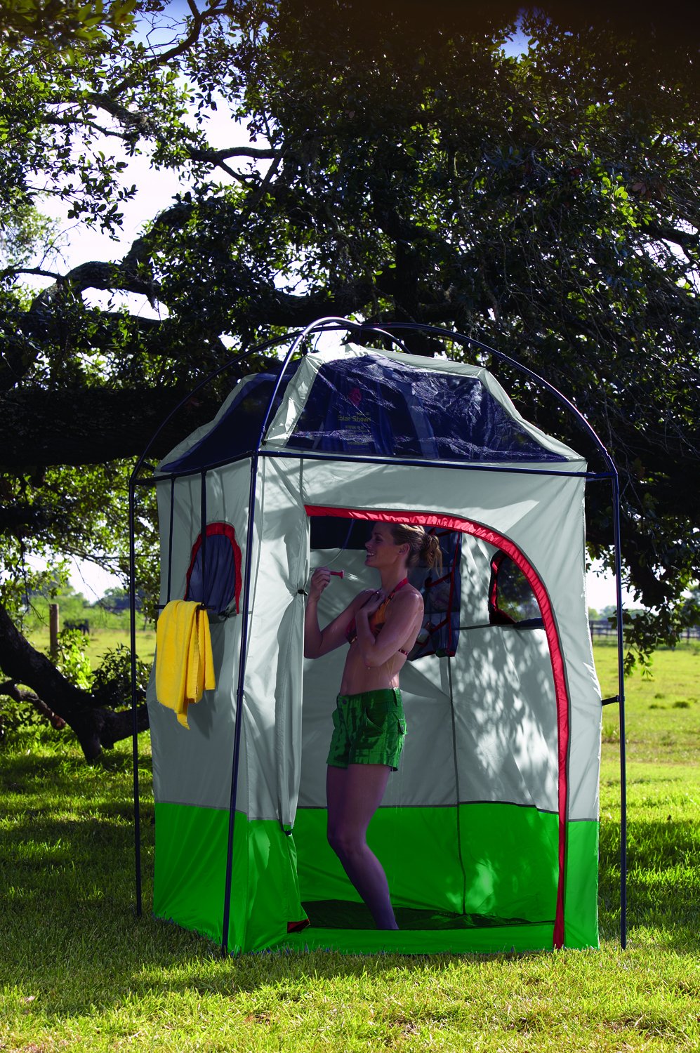 Texsport portable camping shower shelter towel-bar outside keeps towels within reach.