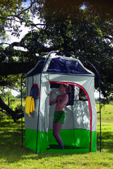 Texsport portable camping shower shelter towel-bar outside keeps towels within reach.