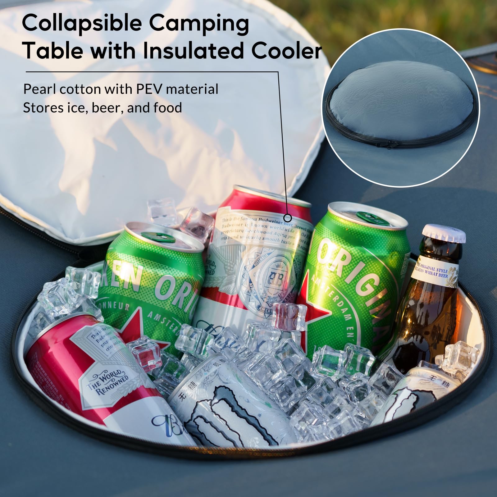Thallike table at beach or tailgate with four cup holders