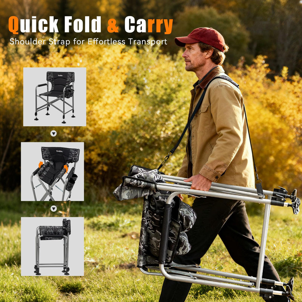 Thallike chair shoulder strap enables hands-free carrying.