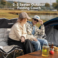Thallike Double Camping Chair cup holders illustrate easy drink access by the campfire.