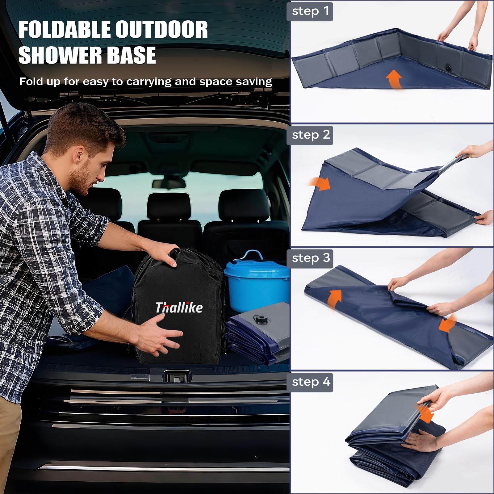 Thallike elevated shower base keeps feet clean and dry during outdoor adventures.