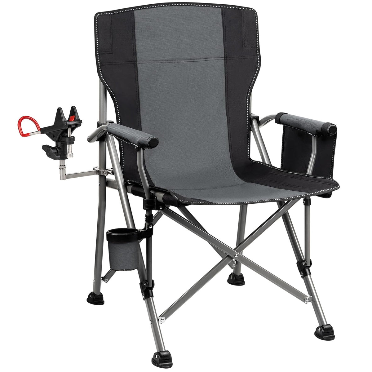 Thallike fishing chair with 360° rod holder extended for precise rod positioning