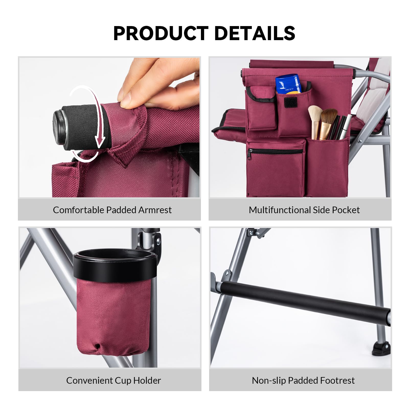 Thallike foldable directors chair non-slip footrest image suggests knee-friendly support.