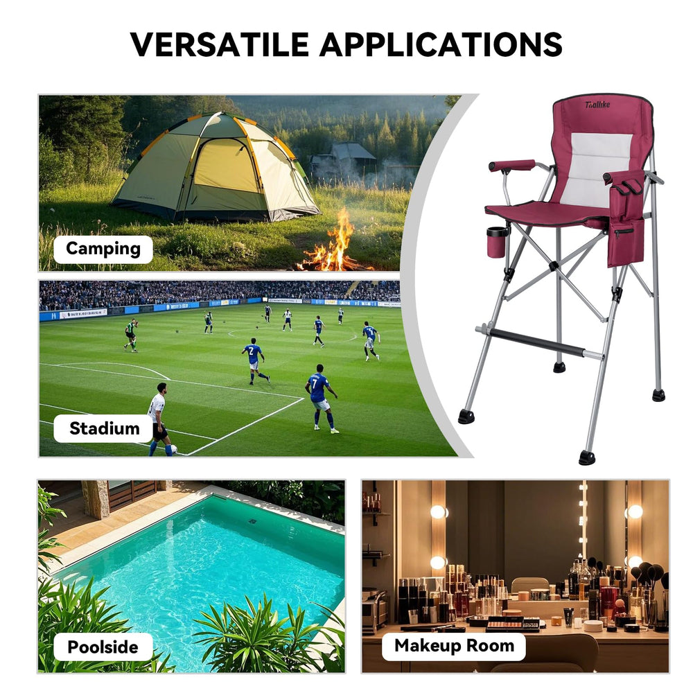 Thallike foldable directors chair outdoor setup image highlights versatility for camping or events.