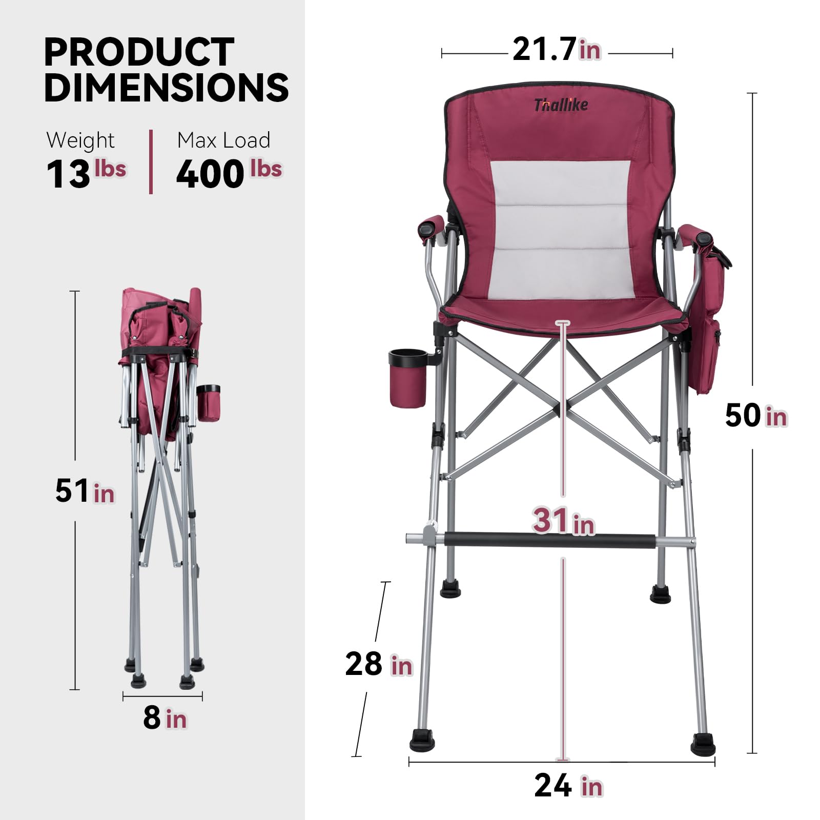 Thallike foldable directors chair side view showcases tall height for easy entry.