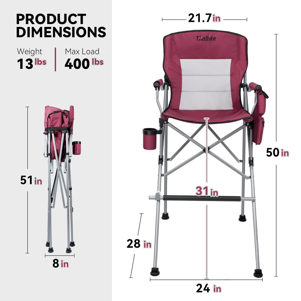 Thallike foldable directors chair side view showcases tall height for easy entry.