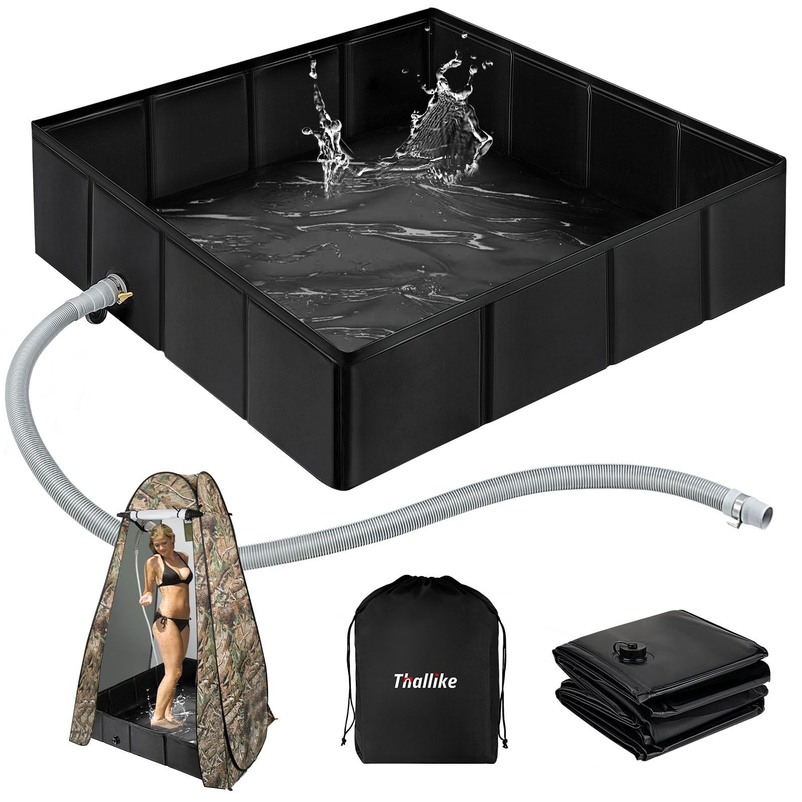 Thallike folded shower pan demonstrates compact, portable setup for camping showers.