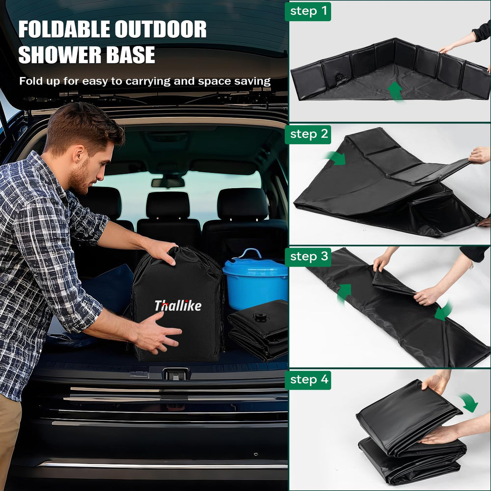 Thallike foot elevation on shower pan keeps feet clean and dry.