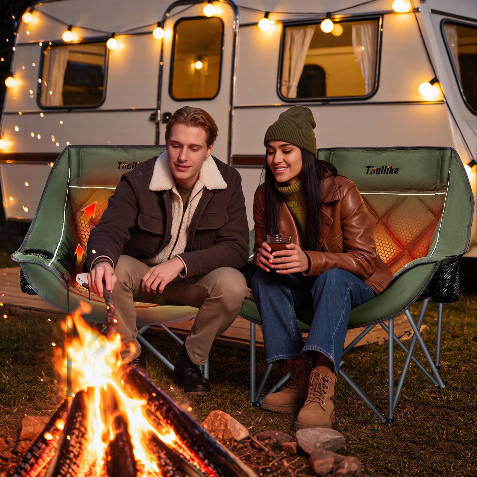 Thallike heated camping chair control button shows easy three-level heat adjustment.