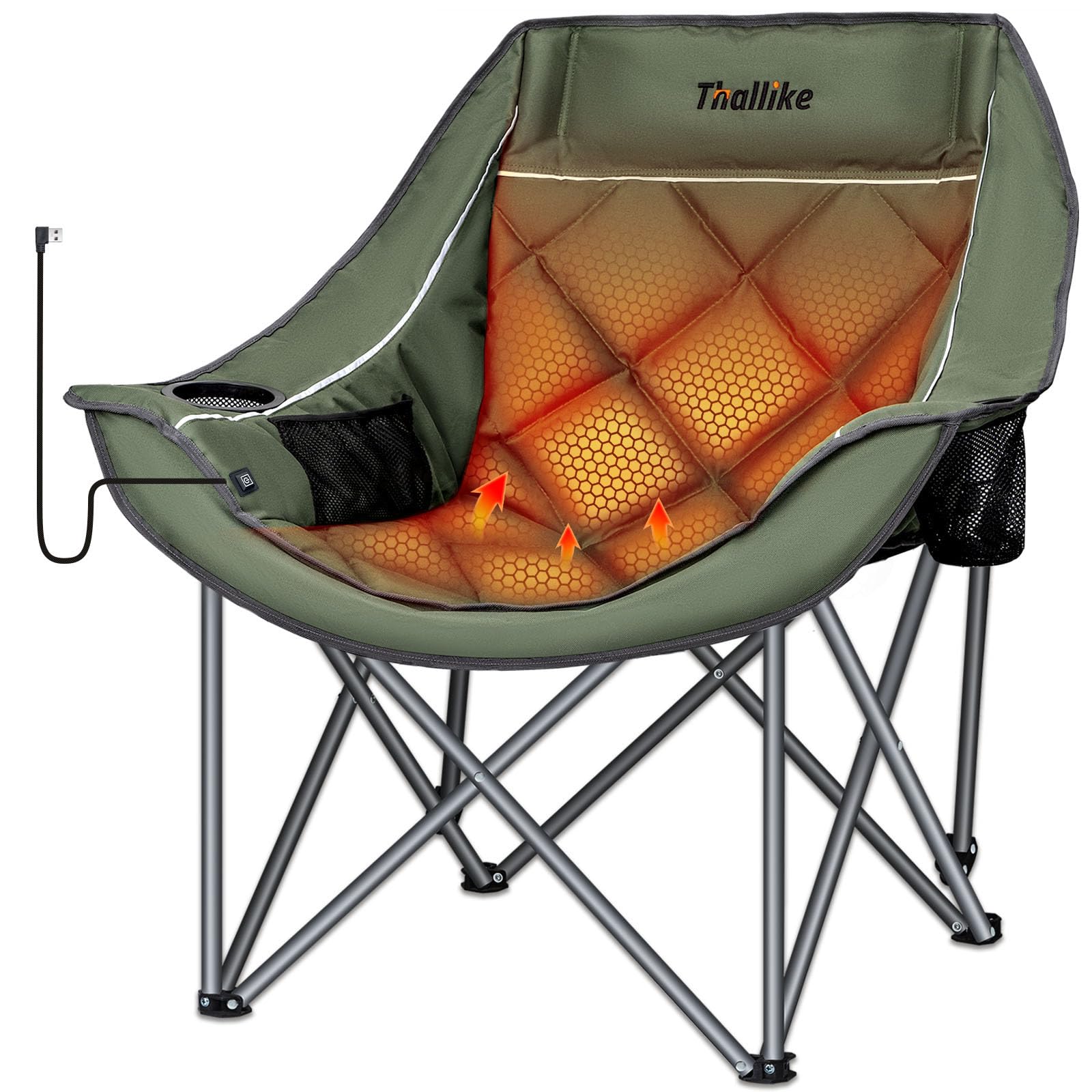 Thallike heated chair front view showing roomy oversized seating for cold-weather outdoors