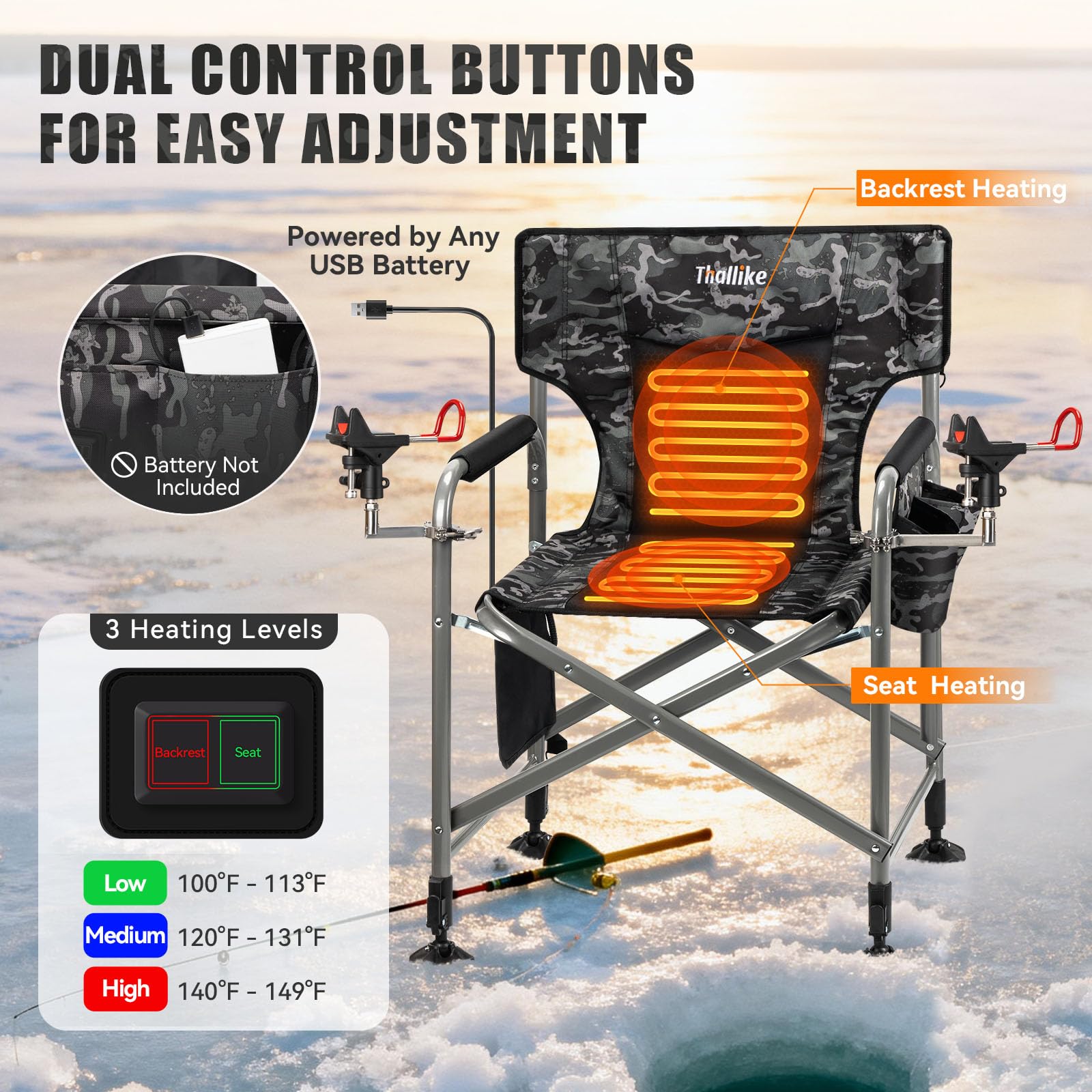 Thallike heated chair rod holders keep gear secure while you prepare bait.