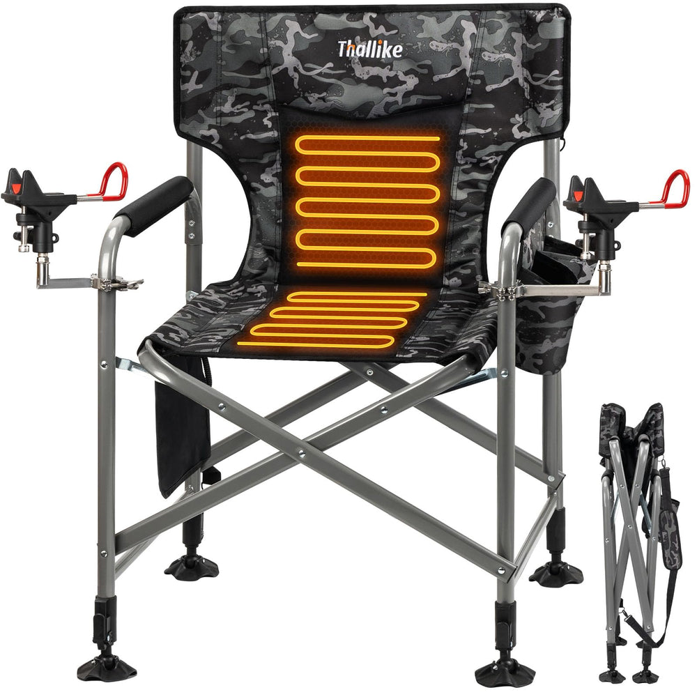 Thallike heated padded chair seat demonstrates targeted warmth during a chilly morning fishing session.