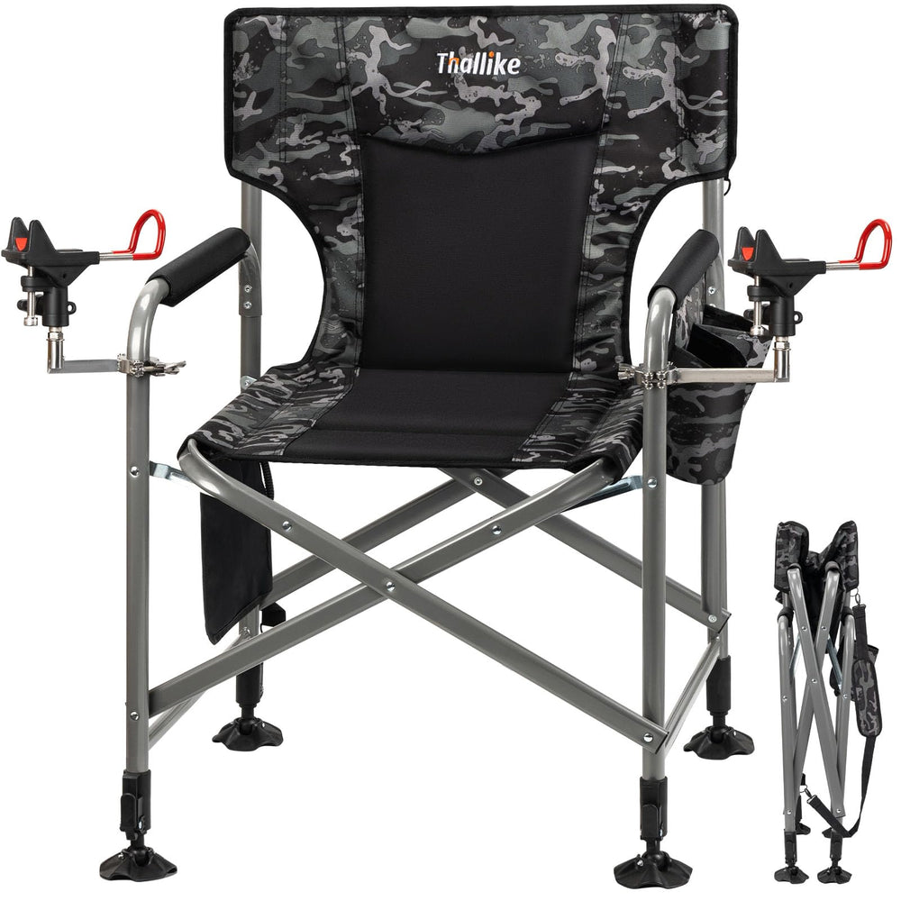 Thallike heated padded chair seat demonstrates targeted warmth during a chilly morning fishing session.