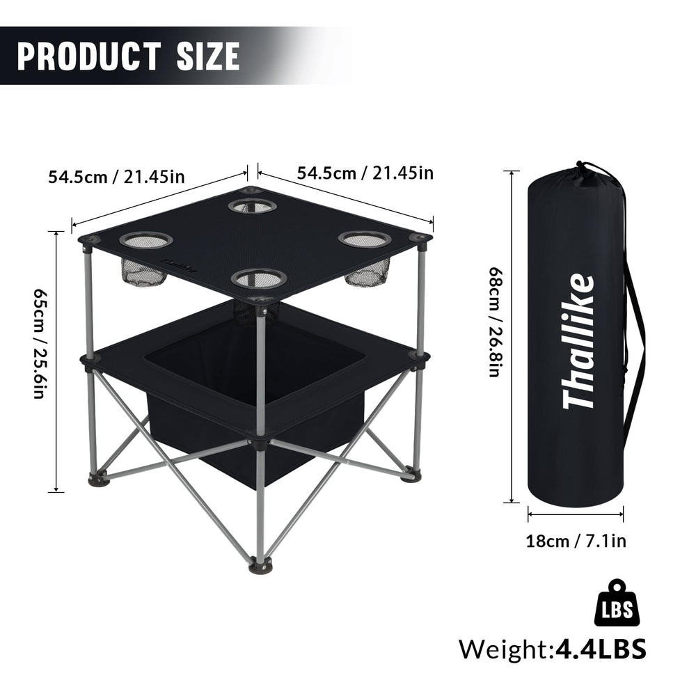Thallike lightweight camping table ready for travel and camping trips.